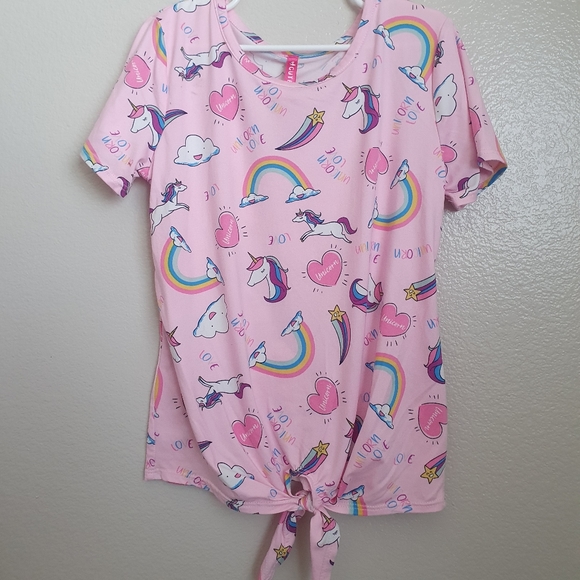 Cute 4 You Girl's Rainbow Unicorn Pink Top Front Tie. Sz M 10-12. - Picture 2 of 6